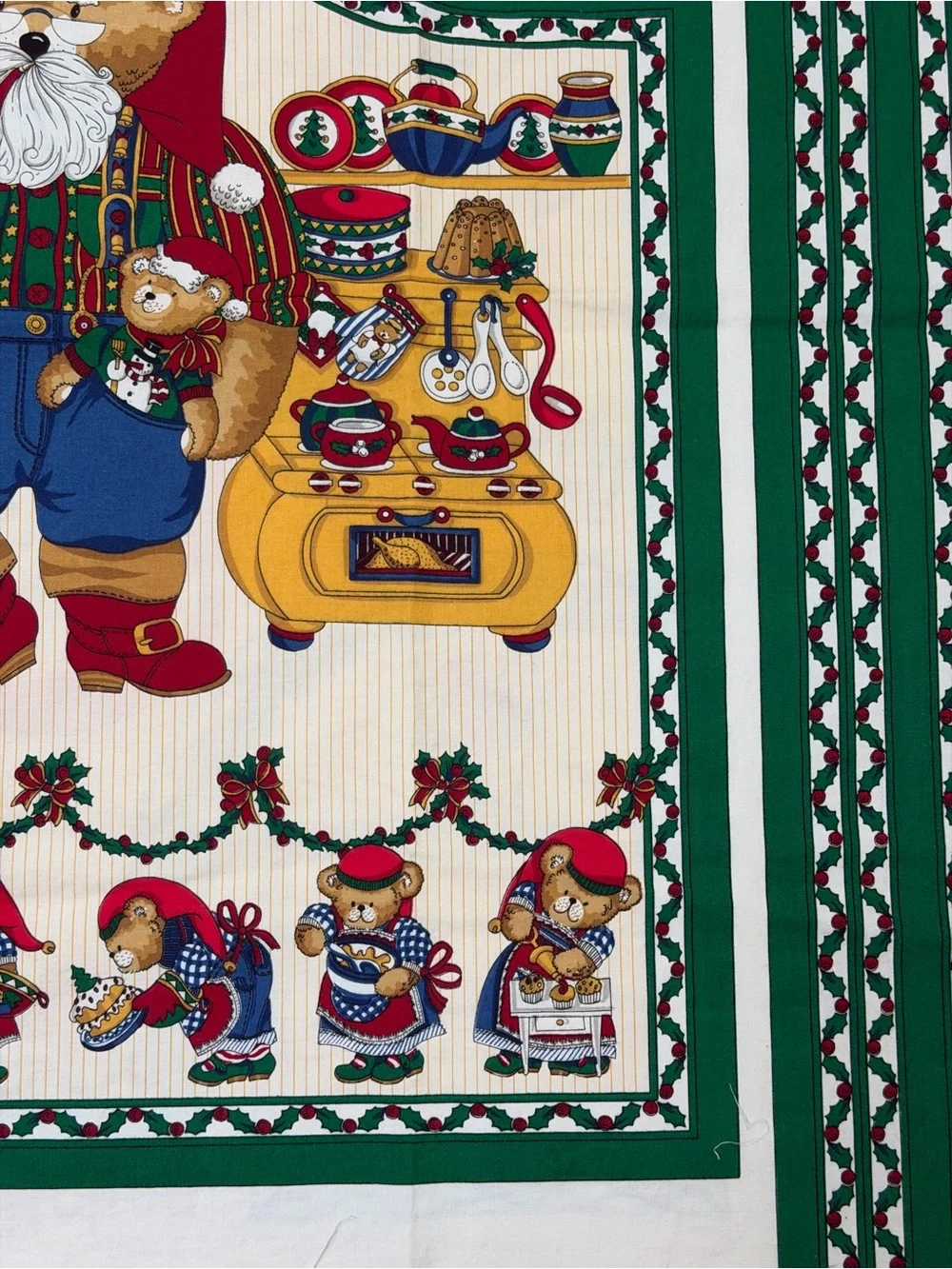 Santas' in the Kitchen Holiday Cotton Panel - Red & Green Bears